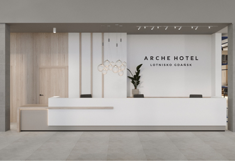 Bright reception of Arche Gdańsk Airport hotel in an elegant style