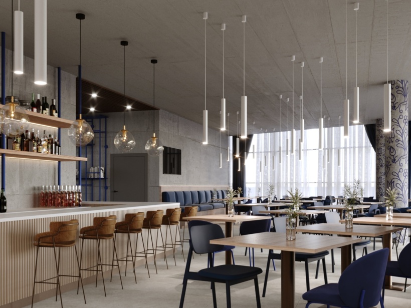 Elegancka hotelowa restauracja z jasnym oświetleniem i dużym oknem widokowym
