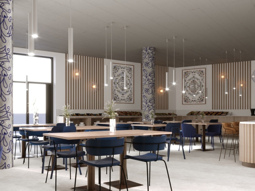 Stoliki wraz z krzesłami w eleganckim stylu w hotelowej restauracji z dużym oknem w tle