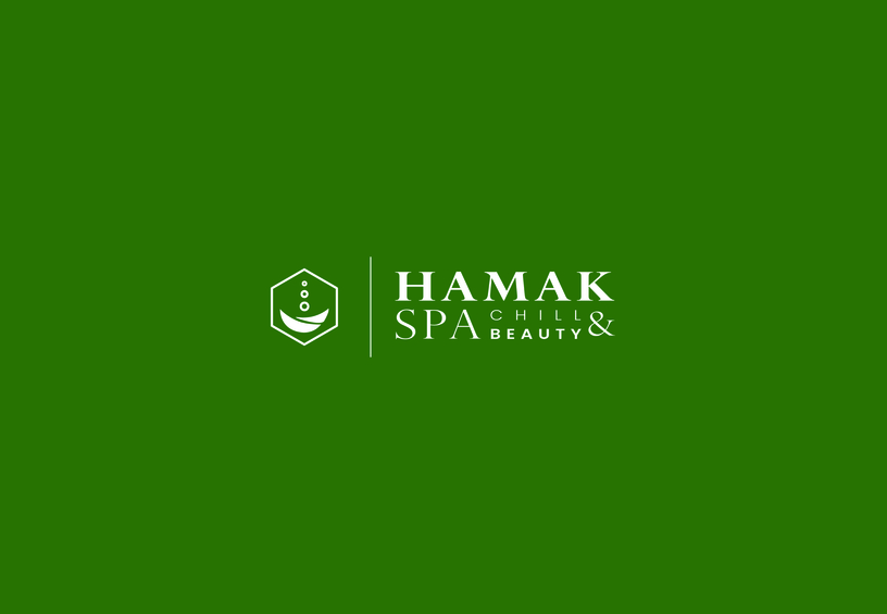 Deep green background; white HAMAK SPA 'Chill & Beauty' logo and hexagonal hammock icon imply relaxation.
