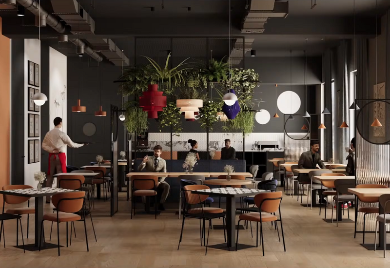 Nowoczesna hotelowa restauracja z wiszącymi lampami, zielonym panelem, eleganckimi stolikami i kelnerem