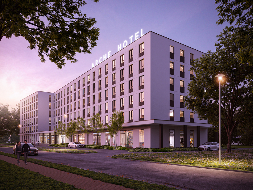 Nowoczesny hotel 'ARCHE HOTEL' o sześciu piętrach z podświetlanym szyldem, przeszklonym lobby, parkingiem i parą spacerującą przy zmierzchu