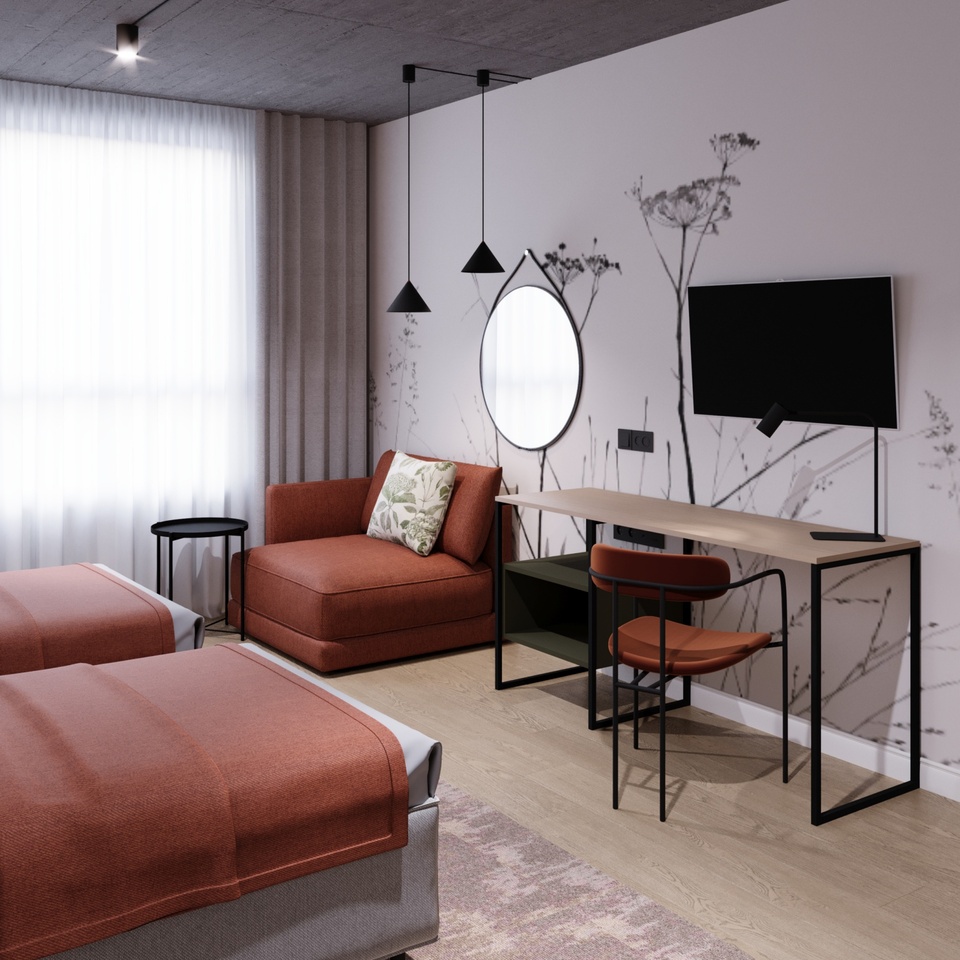 Przytulny pokój hotelowy z dwoma łóżkami, ceglastą leżanką, biurkiem roboczym, TV, okrągłym lustrem i roślinną tapetą.
