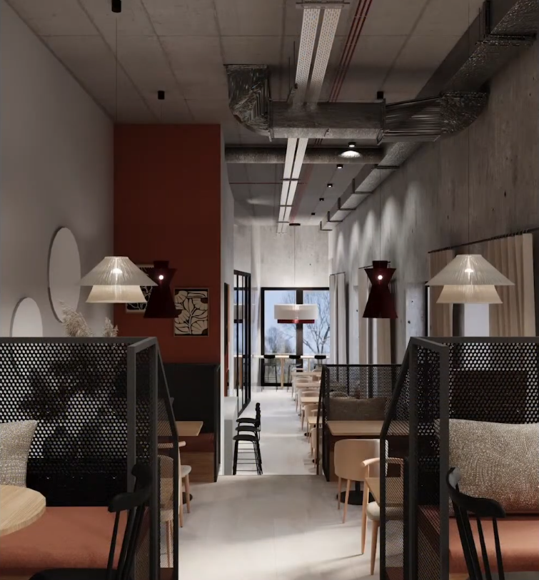 Hotelowa restauracja w nowoczesnym, industrialnym stylu; przytulne boksy i drewniane stoliki, wiszące lampy, odsłonięte kanały wentylacyjne, duże okna