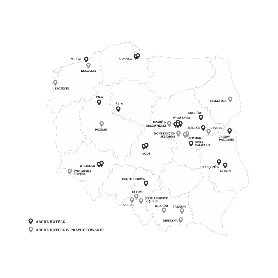Mapa Polski z lokalizacjami hoteli Arche i lokalizacjami w przygotowaniu w miastach: Warszawa, Kraków, Gdańsk, Wrocław, Lublin