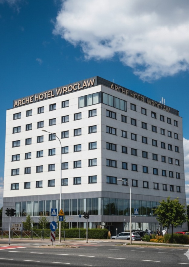 Nowoczesny hotel Arche Wrocław z białą elewacją, dużymi oknami i zielenią przy ruchliwej ulicy w słoneczny dzień