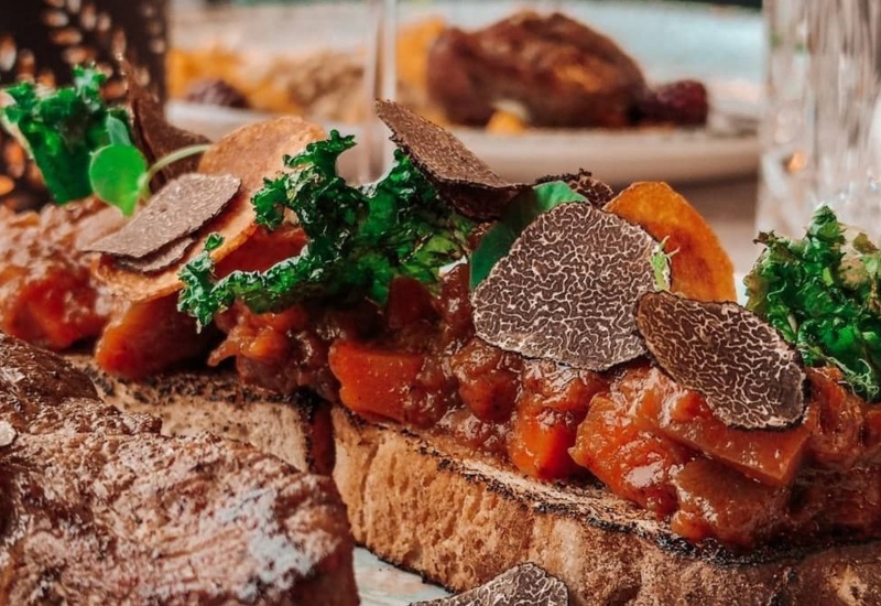 Gourmet appetizer on toasted bread with vegetables, kale chips, and thin slices of truffle
