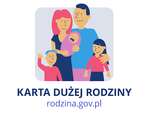 Ilustracja przedstawia rodzinę z dwójką dzieci i niemowlęciem, symbolizująca wsparcie dla dużych rodzin.
