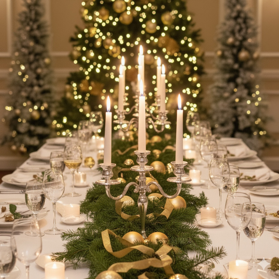 Elegancki świąteczny stół z białym obrusem, srebrnym świecznikiem, złotymi ozdobami i rozświetloną choinką w tle
