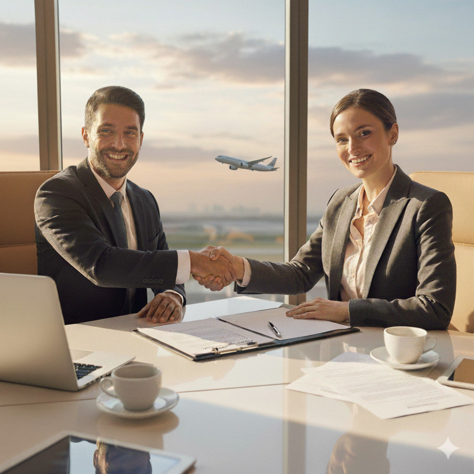 Two professionals shaking hands by a window overlooking a departing airplane in a modern airport office.