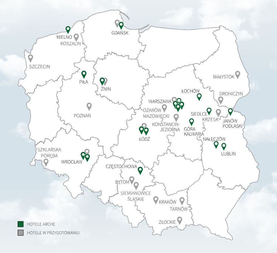 Mapa Polski z zaznaczonymi lokalizacjami Hoteli Arche w zielonym i hotelami w przygotowaniu w szarym kolorze