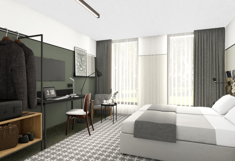 Modern hotel room with twin beds, work desk and TV, open wardrobe, armchair, patterned carpet and tall sheer-curtained windows