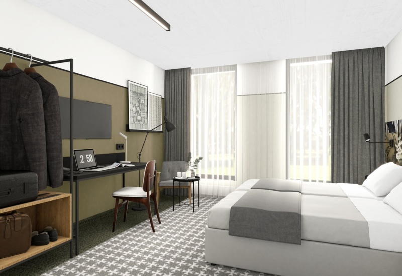 Modern hotel room with twin beds pushed together, desk with laptop, open wardrobe, armchair, tea table and large windows