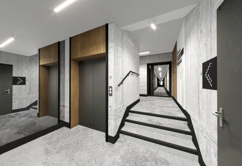 Modern hotel elevator lobby with wood-framed lifts, exposed concrete walls, carpeted floor and short steps leading to a long guestroom corridor