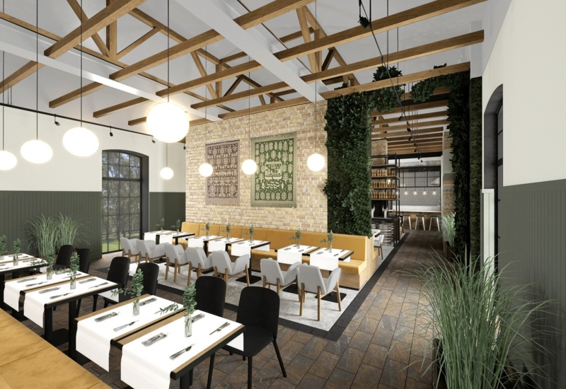 Modern rustic hotel restaurant with exposed brick, wooden ceiling beams, banquette seating, globe pendant lights, set tables and green living wall