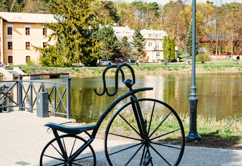 Artistic vintage bicycle sculpture by the lake in a park with walking paths, street lamps, and buildings in the background