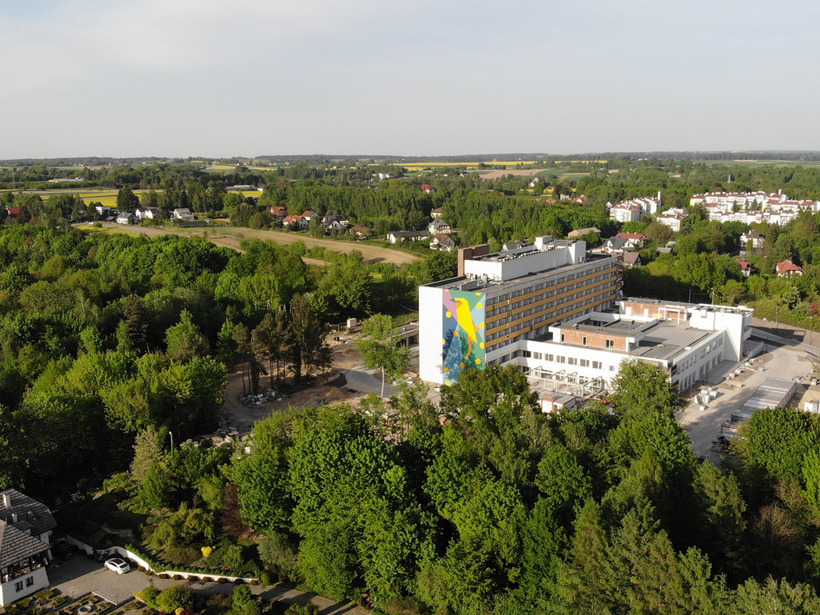 Hotel surrounded by lush greenery and forest, modern building with colorful side wall in a peaceful rural area