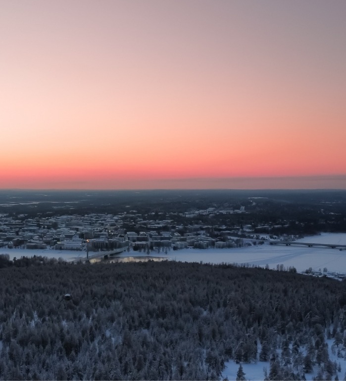 Snow-covered forest and frozen river with bridge leading to a low-rise city beneath a pastel pink sunrise, distant factory steam.