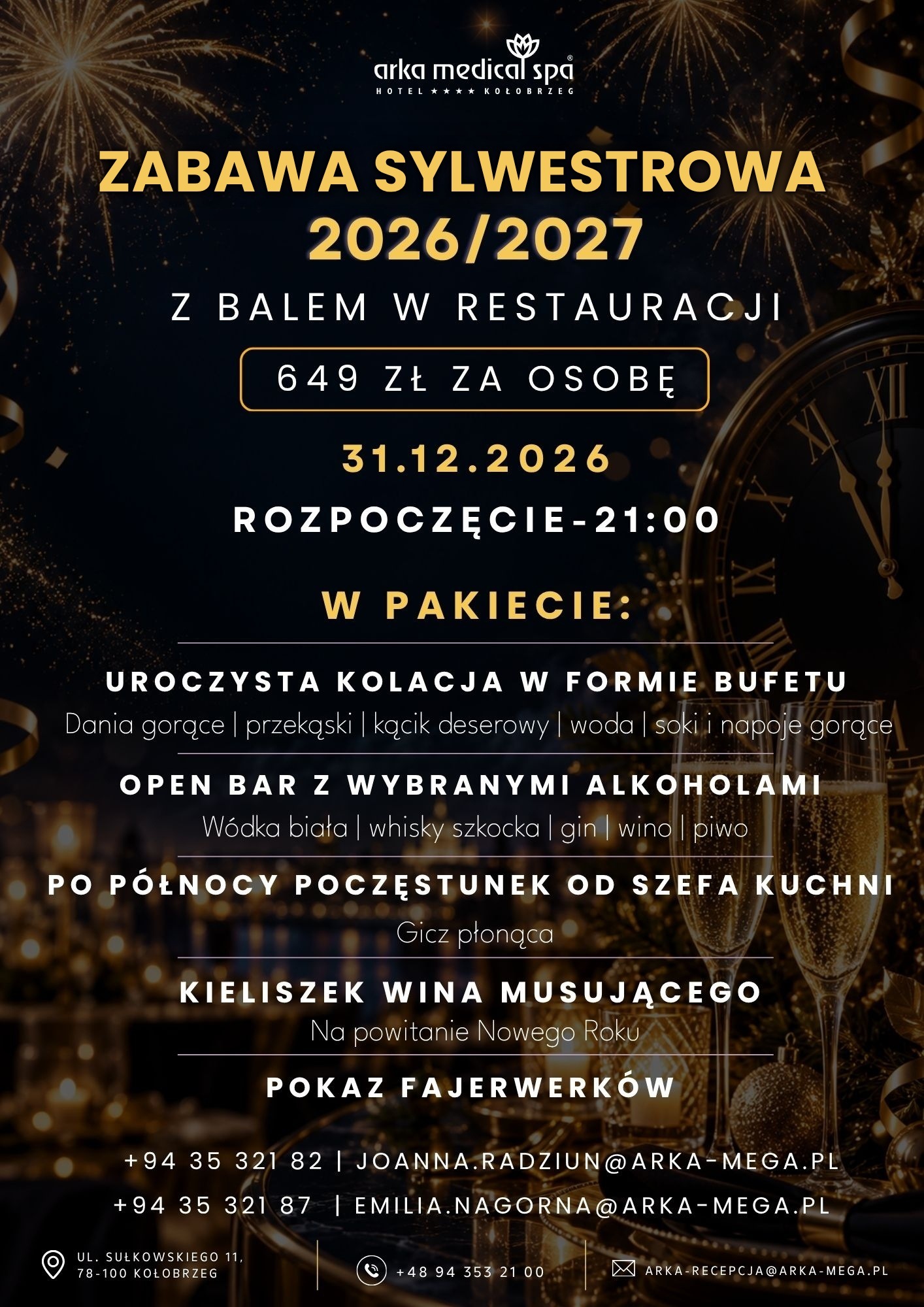 Zabawa sylwestrowa 2026/2027 z balem w restauracji – Arka Medical Spa Kołobrzeg