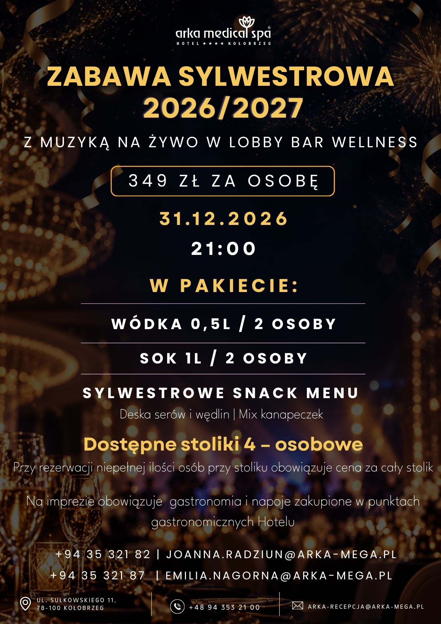 Zabawa sylwestrowa 2026/2027 z muzyką na żywo w Lobby Bar Wellness – Arka Medical Spa Kołobrzeg