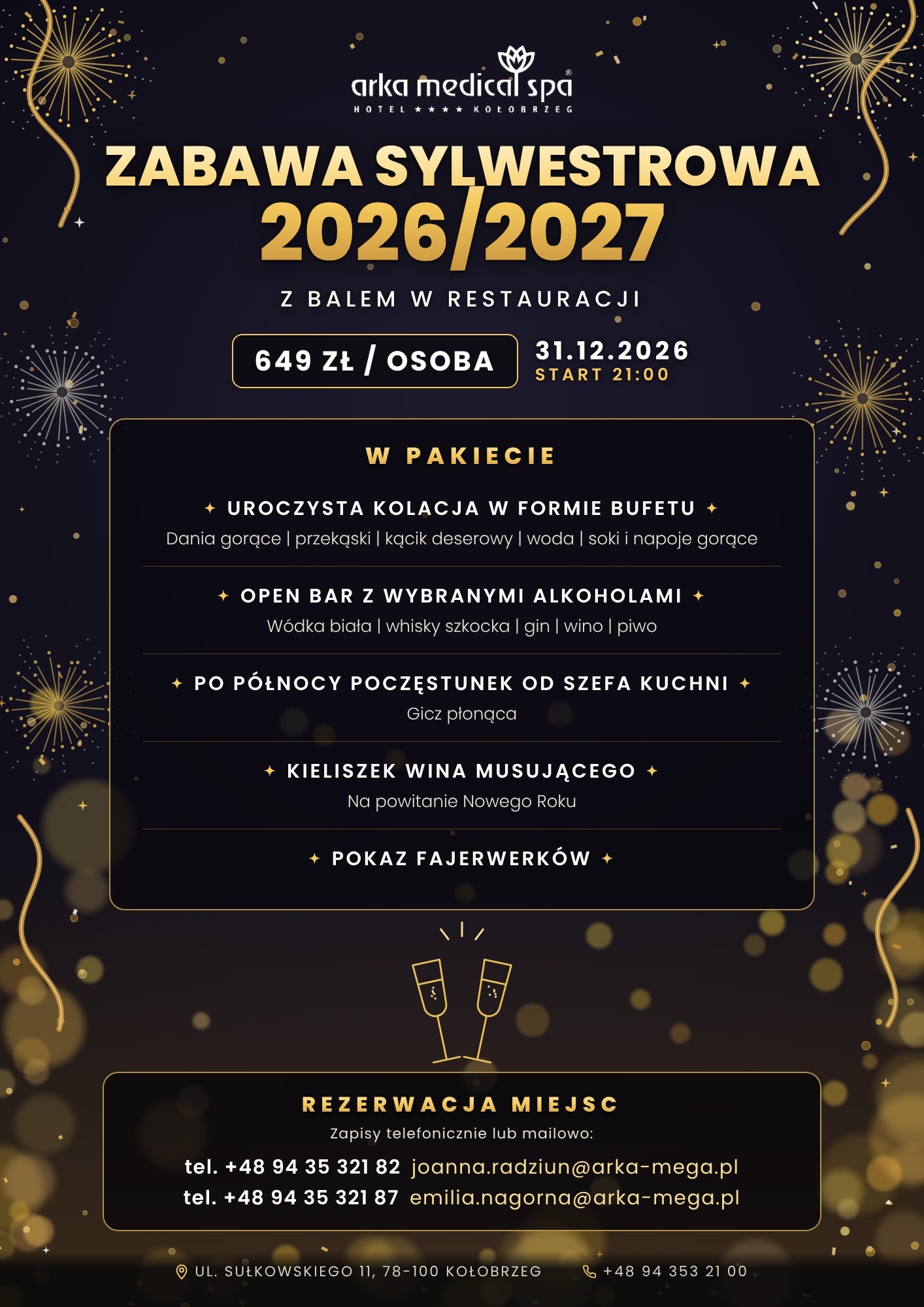 Zabawa sylwestrowa 2026/2027 z balem w restauracji – Arka Medical Spa Kołobrzeg