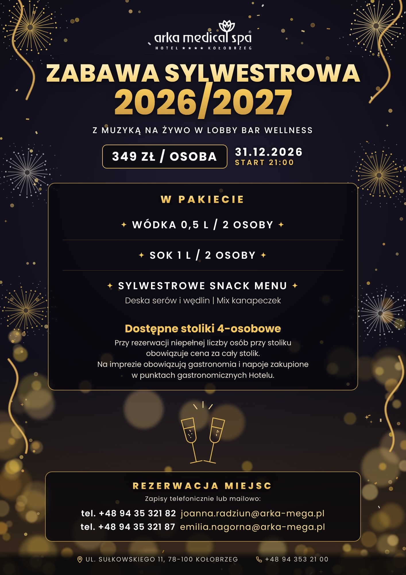Zabawa sylwestrowa 2026/2027 z muzyką na żywo w Lobby Bar Wellness – Arka Medical Spa Kołobrzeg