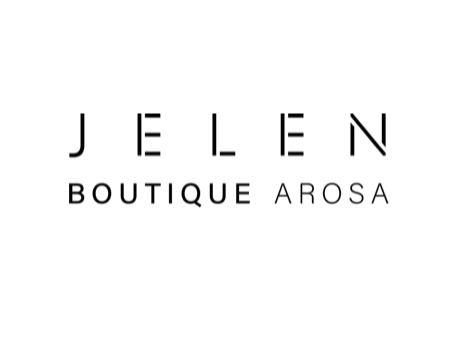 JELEN Boutique Arosa Logo — minimalistisches schwarzes Schriftzeichen auf sauberem weißem Hintergrund.