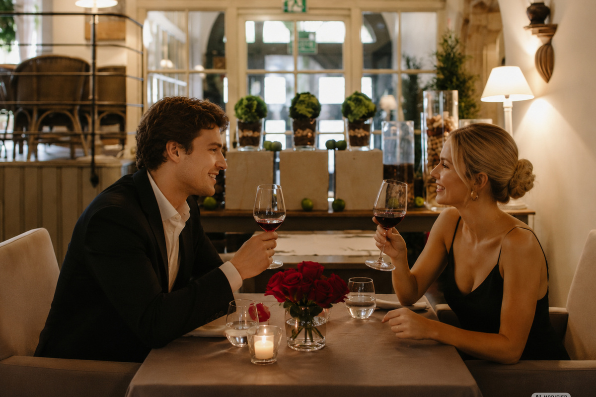 Para wznosi toast czerwonym winem przy świecach i czerwonych różach w kameralnej restauracji hotelowej.