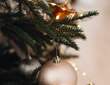 Green fir branches adorned with warm fairy lights and a matte rose-gold Christmas bauble, creating a cozy festive glow
