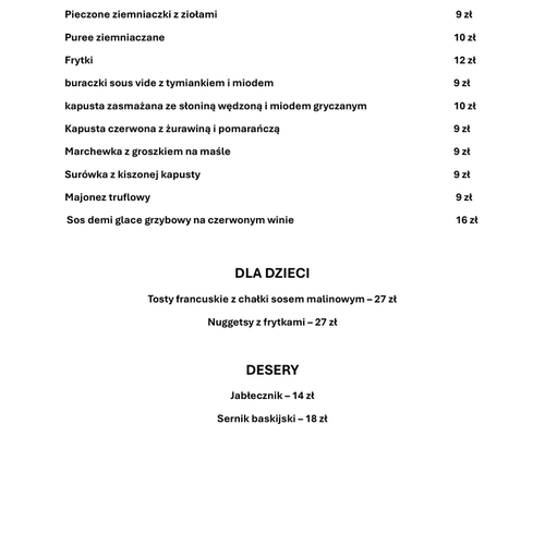 Menu nowoczesnej restauracji z polską kuchnią, dodatki, menu dla dzieci i desery w niskich cenach