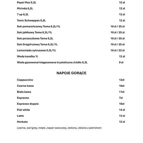 Menu napojów w nowoczesnej restauracji w Gdyni z kuchnią polską.