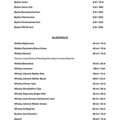 Karta alkoholi podawana w nowoczesnej Gdyńskiej restauracji serwującej polską kuchnię.