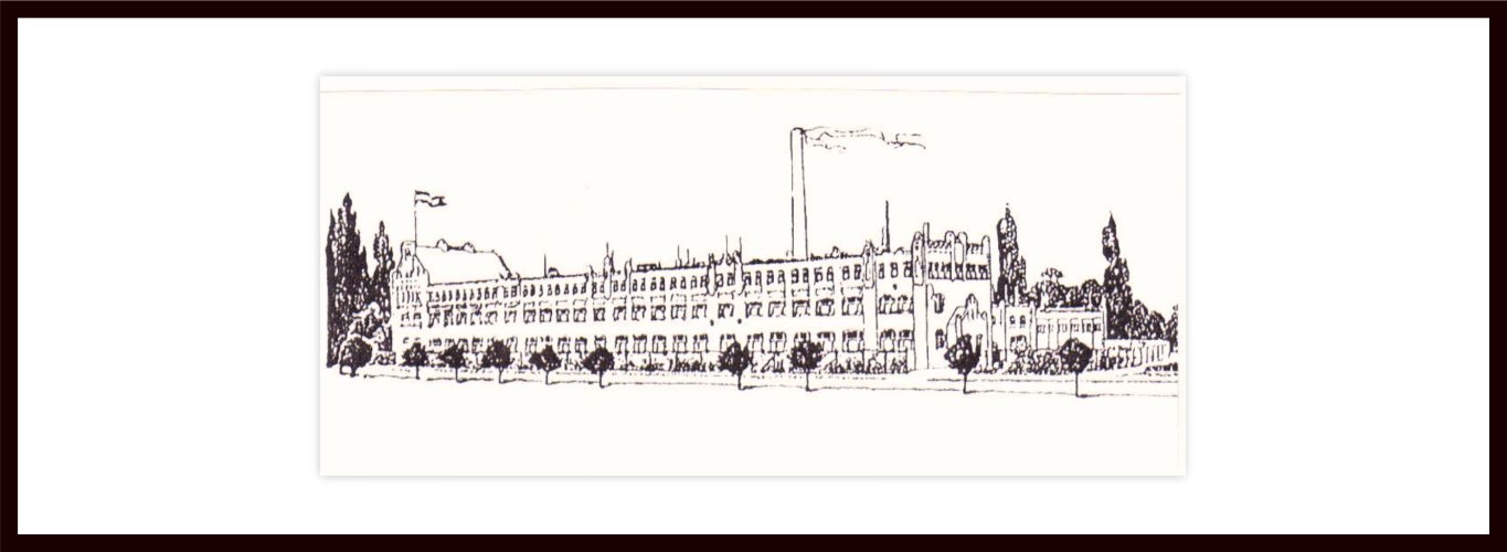 Historická kresba rozsáhlé hotelové budovy s věžemi a vlajkami, obklopená stromy podél přední části