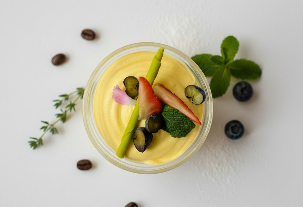 Mus mango w szklanym słoiku z truskawką, borówkami, miętą i zielonym pręcikiem; ziarna kawy i tymianek na białym tle.