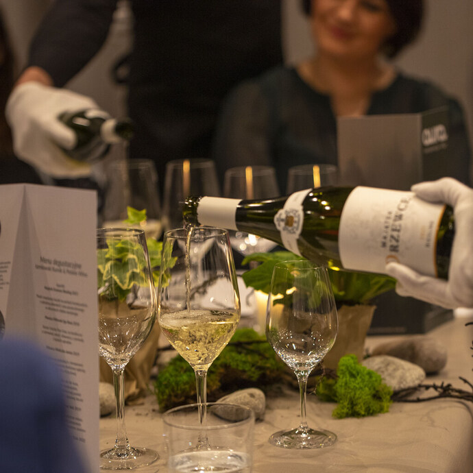 Sommelier w białych rękawiczkach nalewa wino musujące do kieliszków przy eleganckim, świecowym stole z mchem i menu.