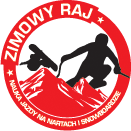 红色印章，白色背景上有滑雪者剪影，象征冬季滑雪和单板滑雪乐趣