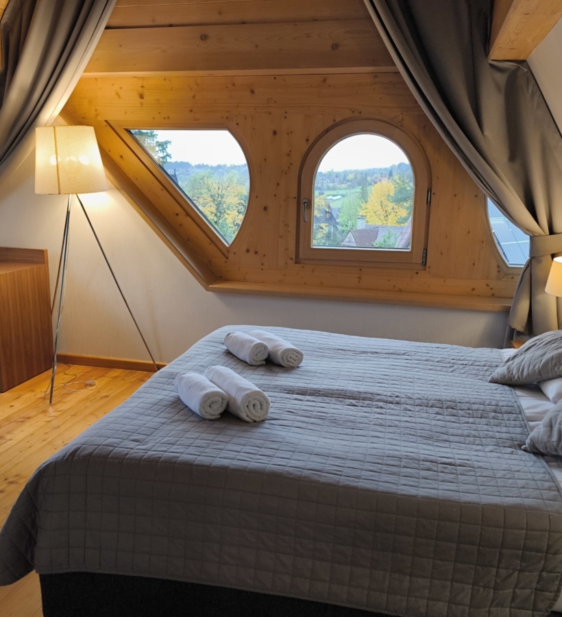 舒适的阁楼酒店房间，配有双人床、灰色窗帘和俯瞰绿色山丘的窗户。