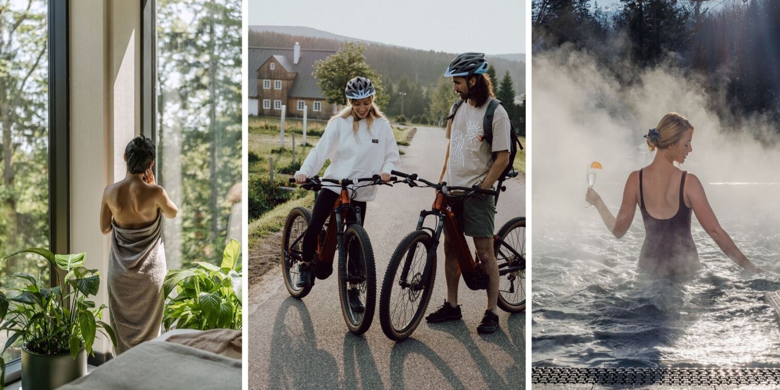 Guest wrapped in towel by large window overlooking forest. Couple with bikes on mountain road near wooden lodge. Woman enjoying steamy hot tub with drink.