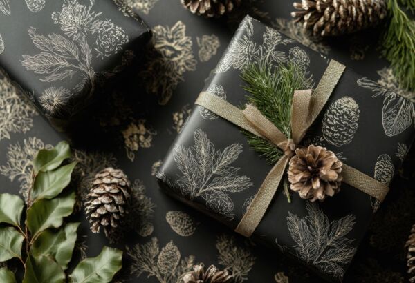 Elegancko zapakowany prezent z czarnym papierem ozdobionym szyszkami i gałązką sosny, otoczony naturalnymi liśćmi i szyszkami.