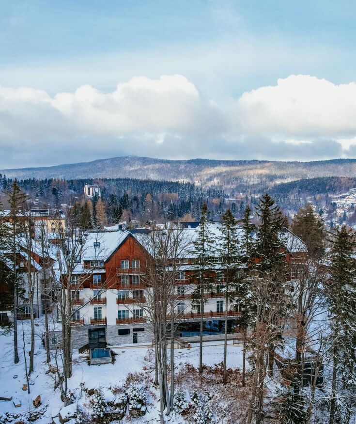 Horský hotel v zasněženém lese s dřevěnými prvky a panoramatickým výhledem na zasněžené kopce a stromy.