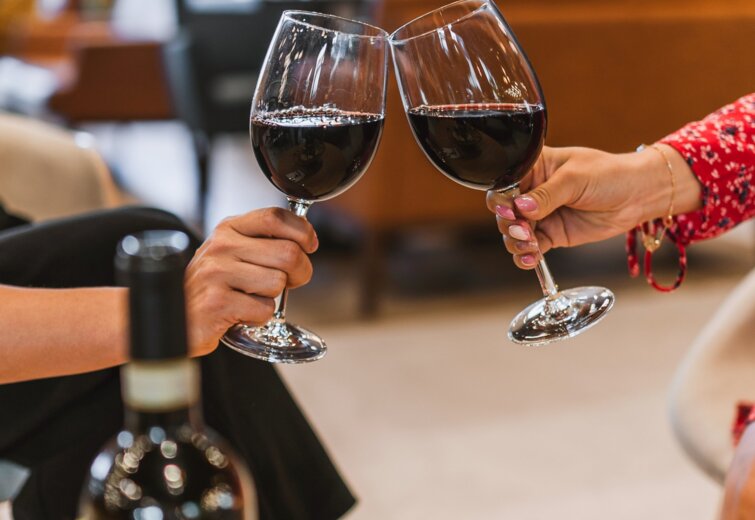 Pár připíjí sklenkami červeného vína v útulném hotelovém salonku s talířem předkrmů na stole.