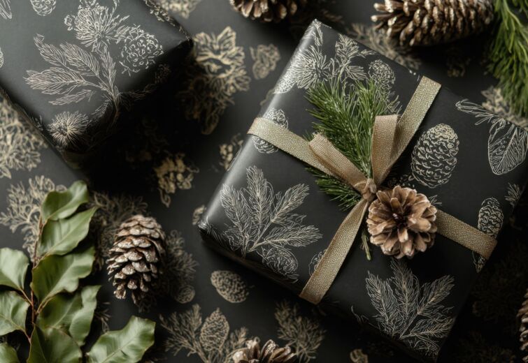 Elegancko zapakowany prezent z czarnym papierem ozdobionym szyszkami i gałązką sosny, otoczony naturalnymi liśćmi i szyszkami.