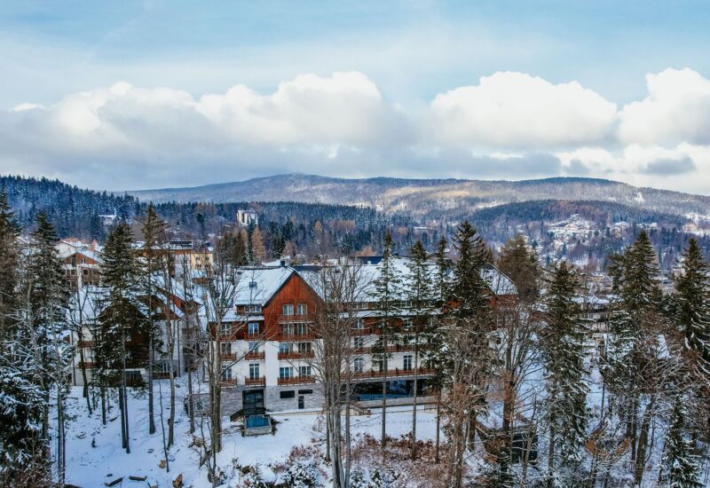 Hotel w górskim lesie zimą, z drewnianymi akcentami i panoramicznym widokiem na zaśnieżone wzgórza i lasy.
