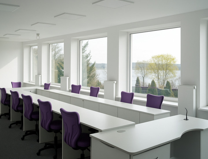 Przestronne biuro z dużymi oknami, widokiem na drzewa i jezioro, fioletowymi krzesłami i jasnymi, nowoczesnymi meblami.