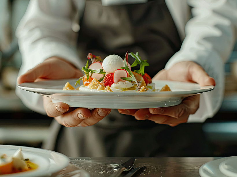 Osoba podaje elegancko przygotowane danie na talerzu, udekorowane warzywami, ziołami i kolorowymi dodatkami. Scena podkreśla restauracyjny charakter posiłku.