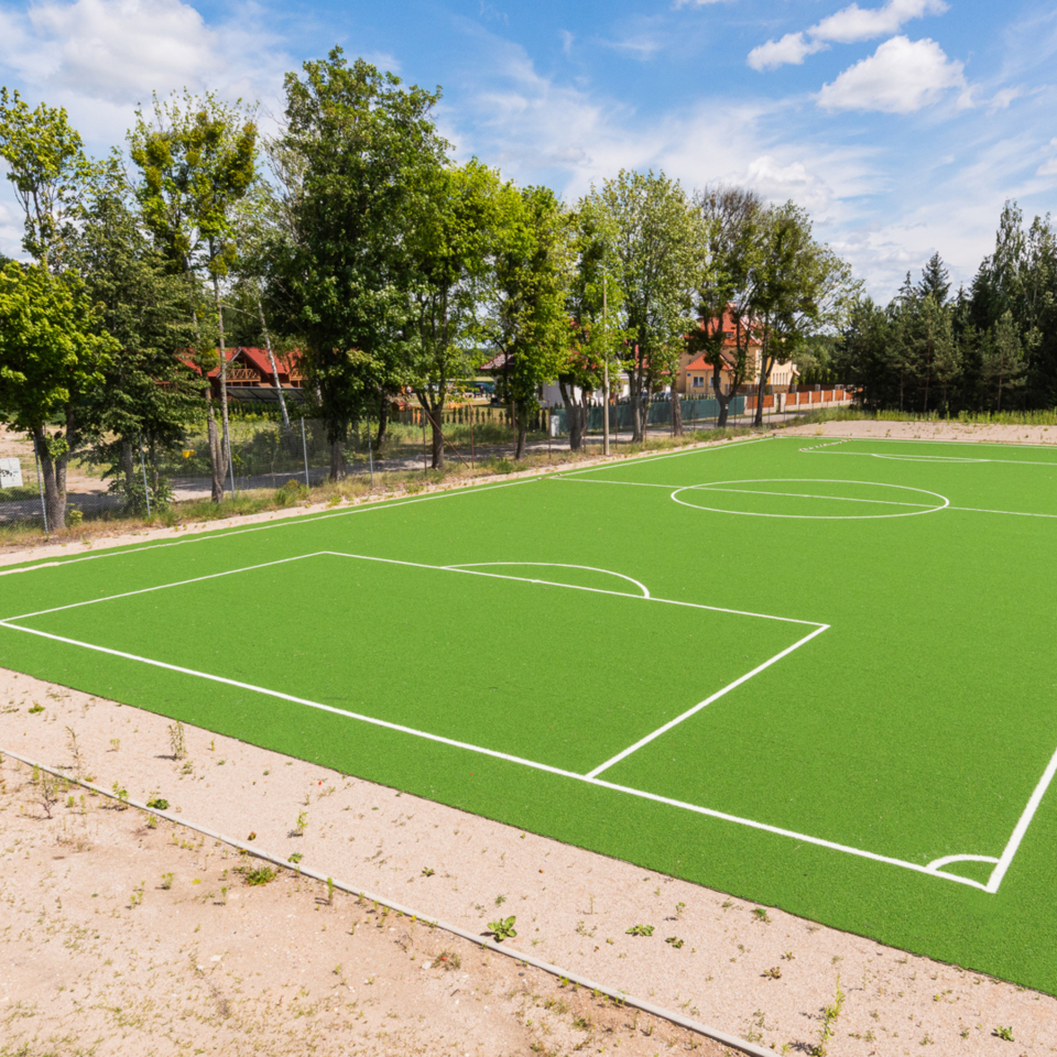 Außen-Sportplatz mit grünem Kunstrasen, umgeben von Bäumen, ideal für Freizeitaktivitäten im Freien