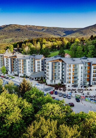 Modern mountain hotel complex with balconies, outdoor terrace and parking, surrounded by dense forest and panoramic peaks.