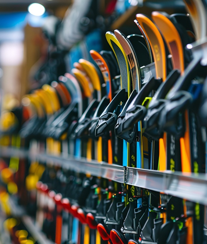 Bright alpine skis with bindings lined on metal racks in a rental room, ready for guests
