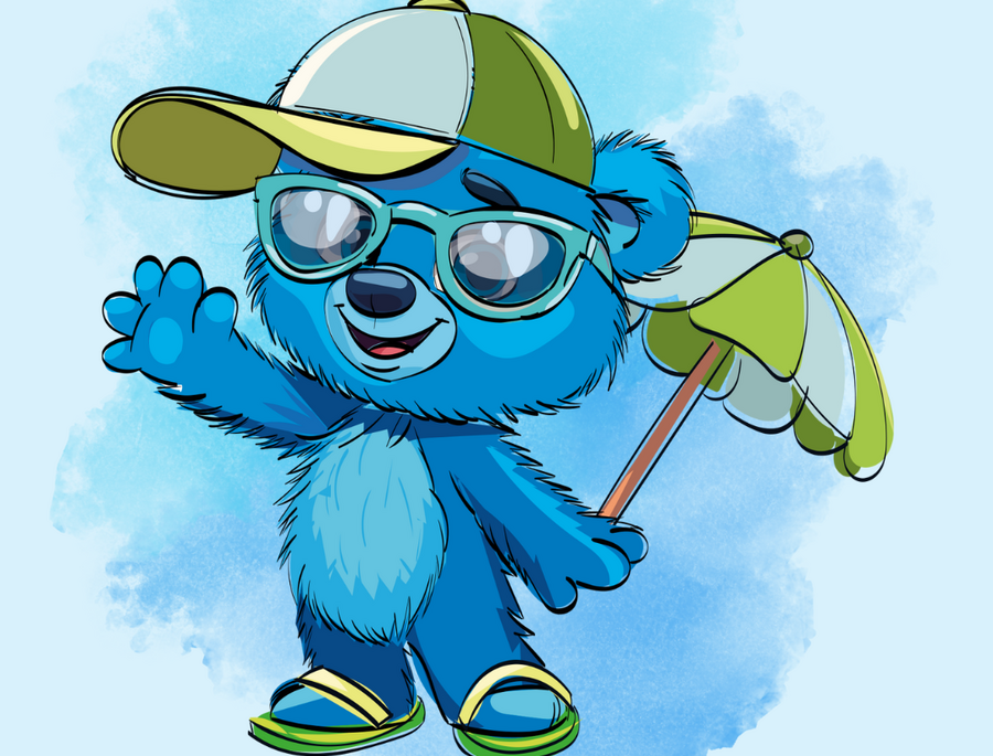 Verspielter blauer Bär mit Kappe, Sonnenbrille und Flip‑Flops, hält Strandsonnenschirm und winkt als Pool‑Maskottchen