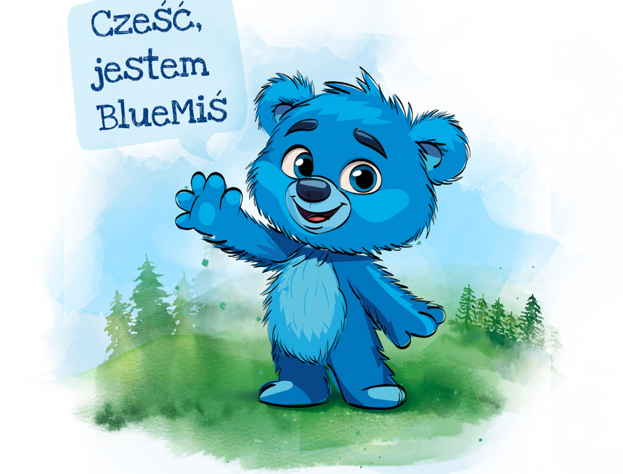 Przyjazny niebieski miś w stylu kreskówki, machający na zielonej łące z sosnami, dymek: 'Cześć, jestem BlueMiś'.